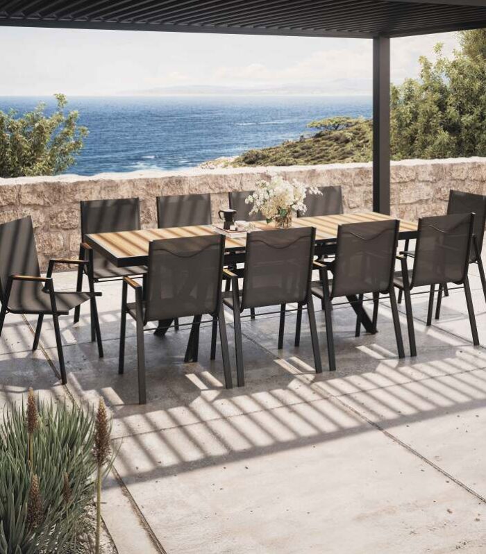 Mesa de jardín extensible de aluminio 187/250x90 cm y 10 sillas con reposabrazos de textilene