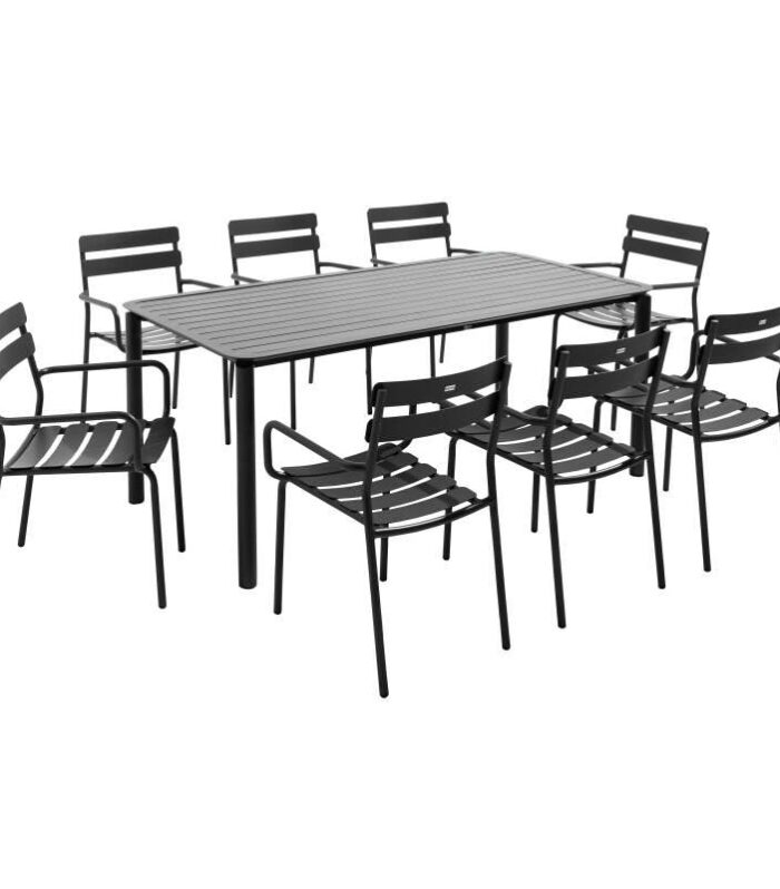 Mesa de jardín de aluminio 185x92 cm y 8 sillas con reposabrazos