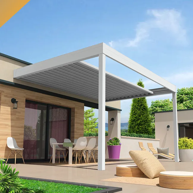 Pérgola retráctil SIROCO 5,00x5,213 M Motorización con pistón eléctrico y mando a distancia (Blanco)