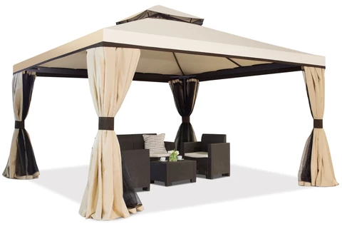 Pabellón de jardín grande con mosquitera y cortinas Valencia 4 x 4 m crema