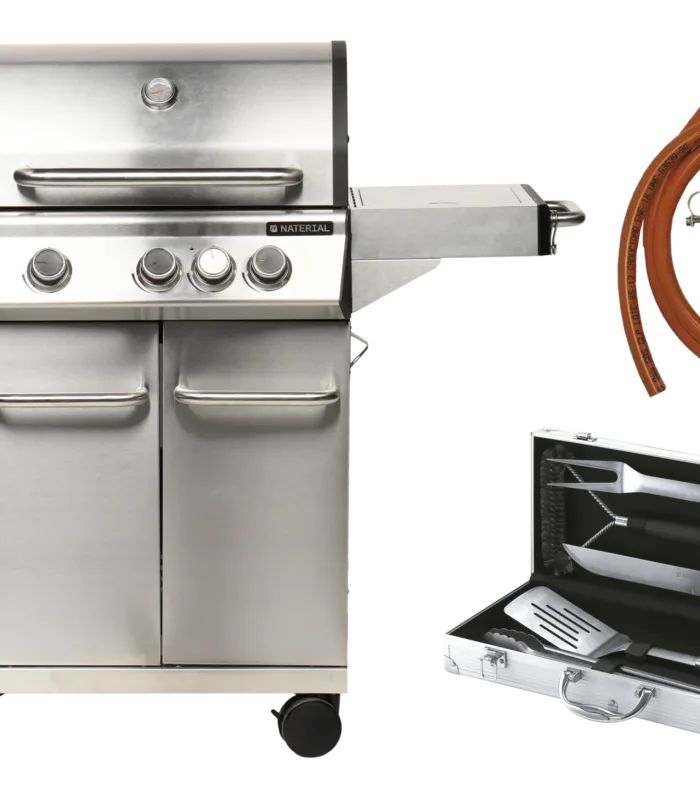 Pack barbacoa de gas NATERIAL Hudson +Adaptador de gas + Maletín 5 accesorios