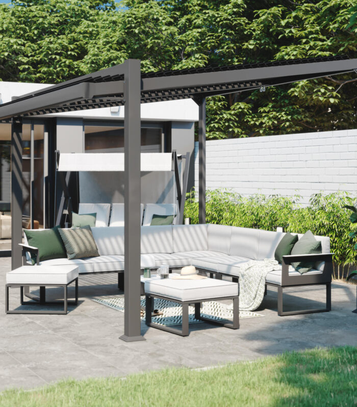 Pérgola bioclimática de aluminio adosada NATERIAL Odyssea gris y lama gris oscuro de 316 x 380 x 258 cm manual