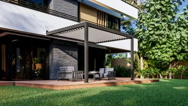 Pérgola bioclimatica appoggiata su Genova 4x3 m gris con doghe bianche