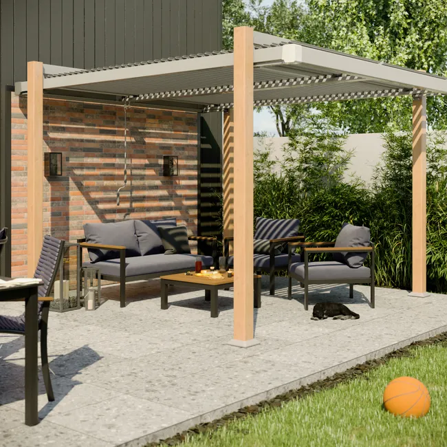 Pérgola en aluminio effetto madera NATERIAL Odyssea 320x358 cm