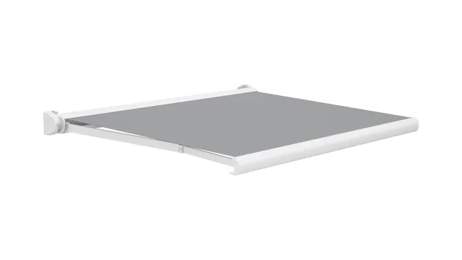 Toldo Ibiza brazos extensible motorizado con cofre blanco y tela gris 4x3m