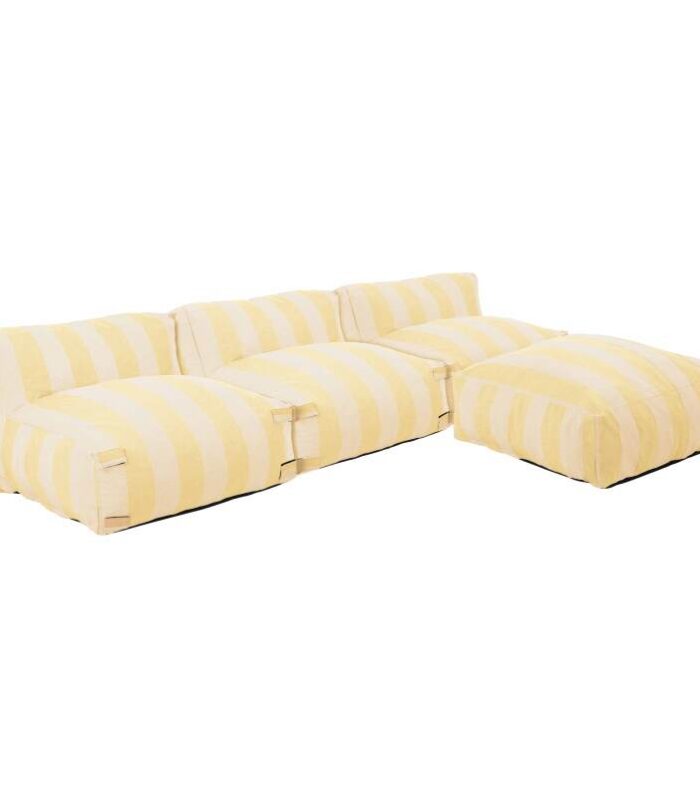 Sofá modular de exterior a rayas para 4 personas con 3 sillones y 1 puf