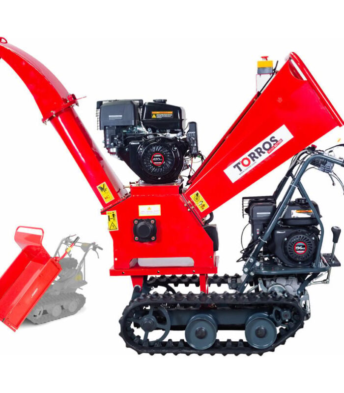 Biotrituradora térmica autopropulsada 15 CV ø 120 mm + carretilla con motor de orugas 300 kg 6,5 CV bandeja Torros RHK120