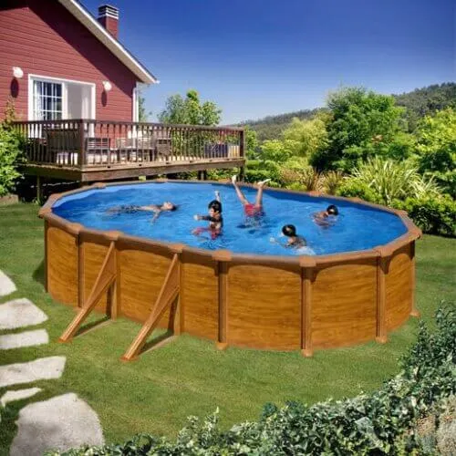 Piscina ovale en acero 6,34 m x 3,99 m x H: 1,22 m - Simil madera - Filtrazione a arena - Rinforzi a vista