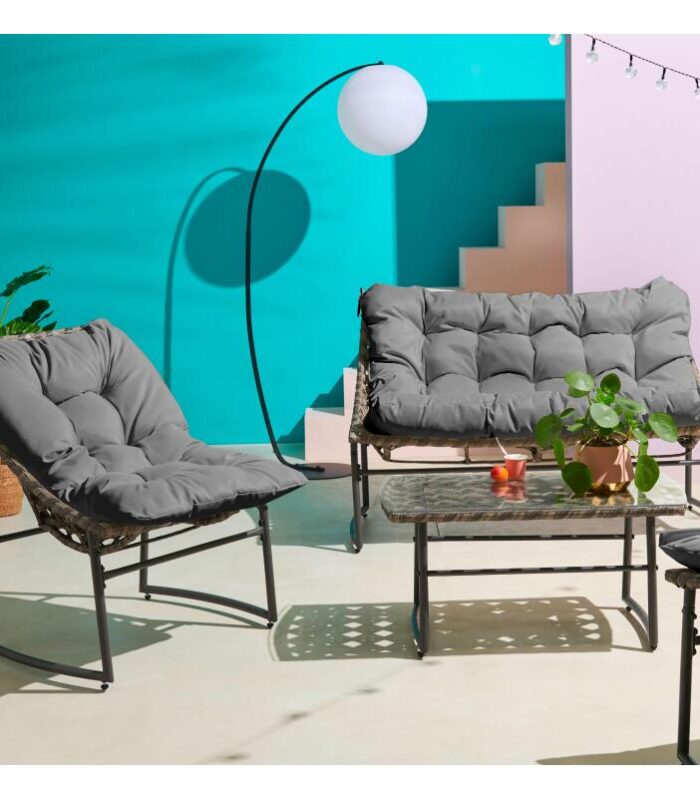 Conjunto de jardín bajo 4 plazas con cojines compuesto de un sofá, 2 sillones y una mesa de centro