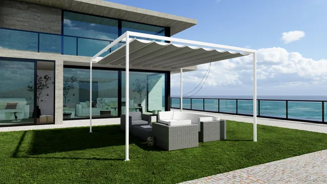 Pérgola de aluminio Palillería Niza blanco y toldo beige de 400x300 cm
