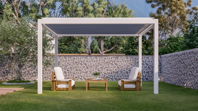 Pérgola de aluminio Genova autoportante motorizada blanca de 4 x 3 m