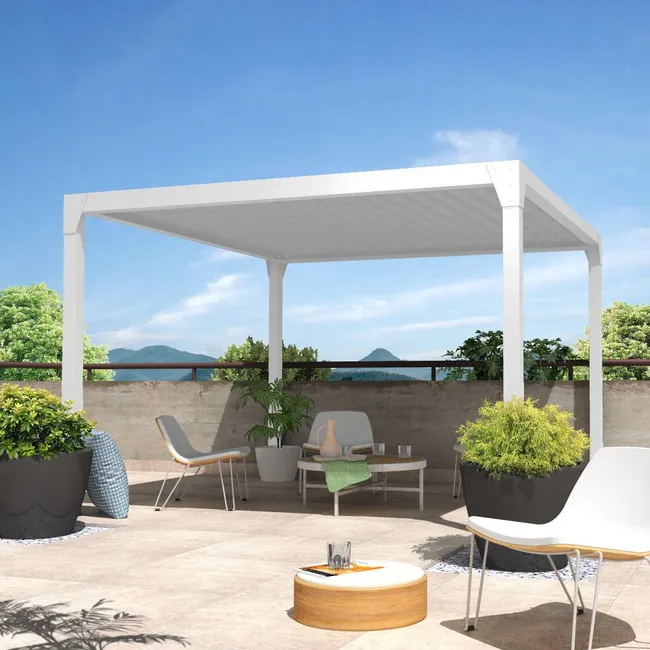 Pérgola bioclimática GREGAL autoportante - Blanco - 3,50x4,00 M - Motorización con pistón eléctrico y mando a distancia