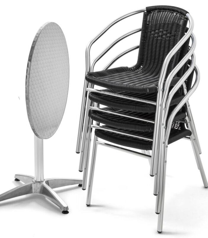 Mesa de jardín bistro redonda inclinable de aluminio Ø70 cm y 4 sillas con reposabrazos de resina tejida