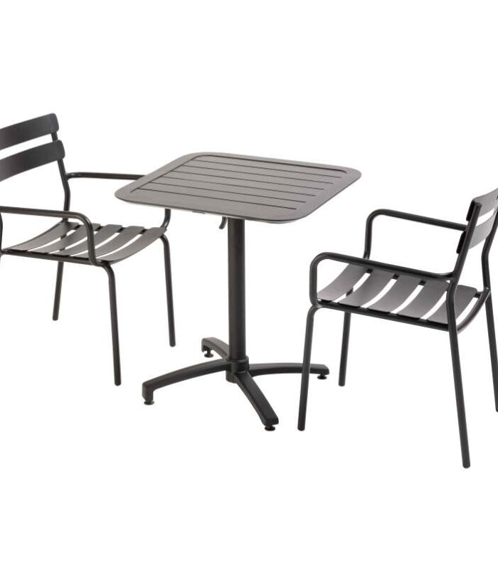 Mesa de jardín bistro cuadrada inclinable de aluminio 70x70 cm y 2 sillas con reposabrazos