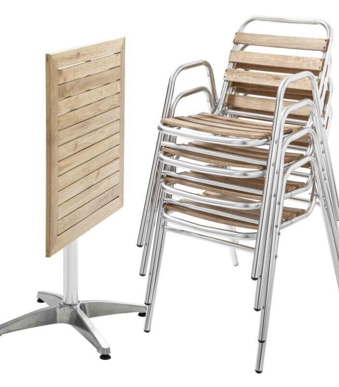 Mesa de jardín bistro cuadrada inclinable de madera y aluminio 70x70 cm y 4 sillas con reposabrazos