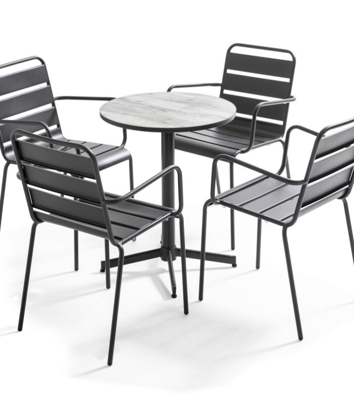 Mesa de jardín bistro redonda de metal y cerámica efecto madera Ø60 cm y 4 sillas con reposabrazos