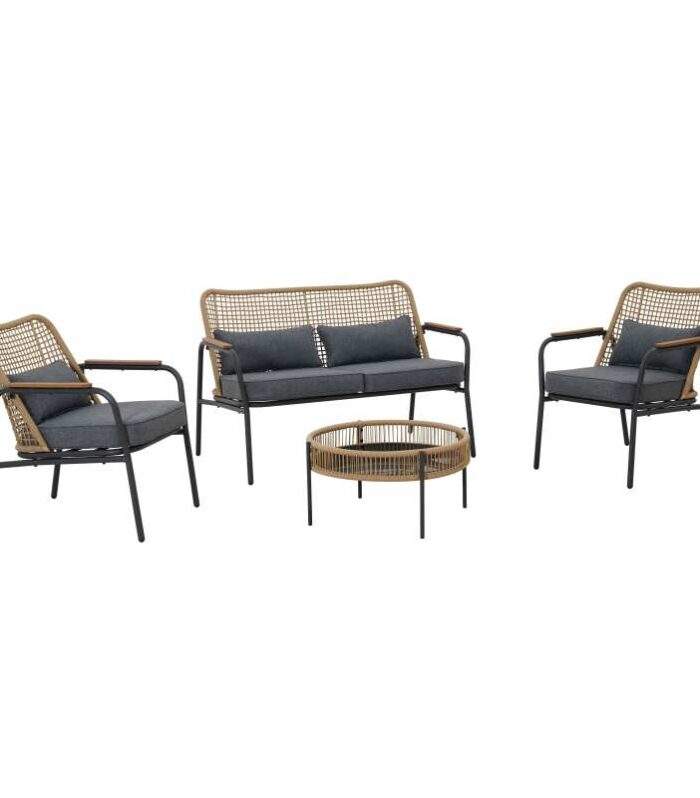 Mueble de jardín de ratán de 4 plazas con sofá, 2 sillones y mesa de centro.