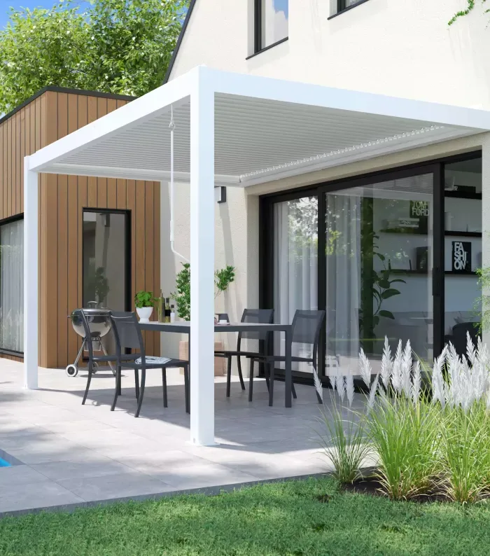 Pérgola bioclimatica addossata 3x4 m en aluminio blanco