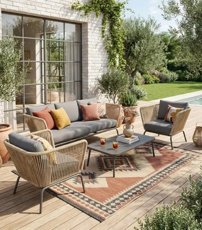 Conjunto de muebles de jardín bajos, resina tejida efecto ratán, 5 plazas