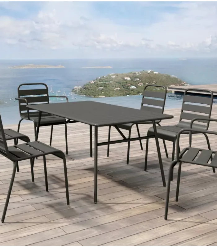 Comedor de jardín MIRMANDE en metal antracita: mesa L.160 cm con 2 sillas impilabili. braccioli y 4 sillas impilabili.