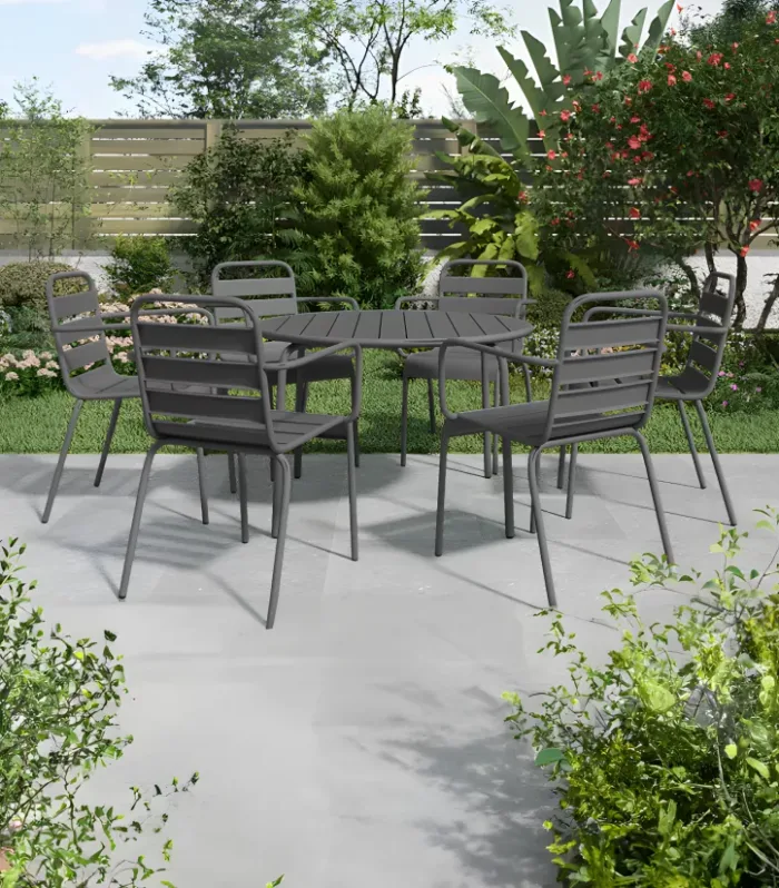Comedor de jardín en metal - Mesa redondo D.130 cm y 6 sillas impilabili - Gris scuro - MIRMANDE by MYLIA