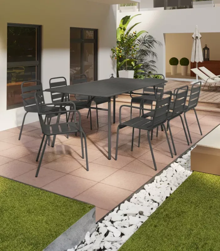 Set de pranzo de jardín en metal - Mesa L.200 cm y 8 sillas impilabili - Gris scuro - MIRMANDE by MYLIA