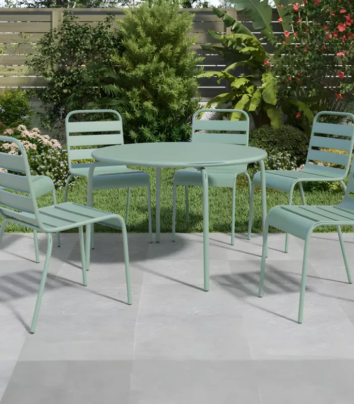Set de pranzo de jardín en metal - Mesa redondo D.130 cm y 6 sillas impilabili - Verde almendra - MIRMANDE by MYLIA